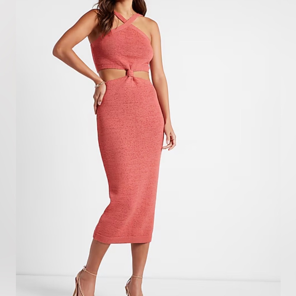 Express Halter Knot Front Cutout Sweater Midi Dress